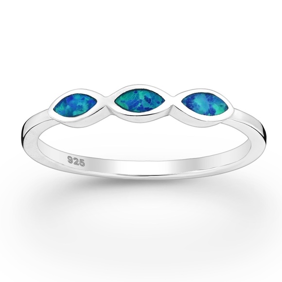 Lab-Created Blue Opal & Sterling Silver Triple Marquis Ring - Picture 1 of 1